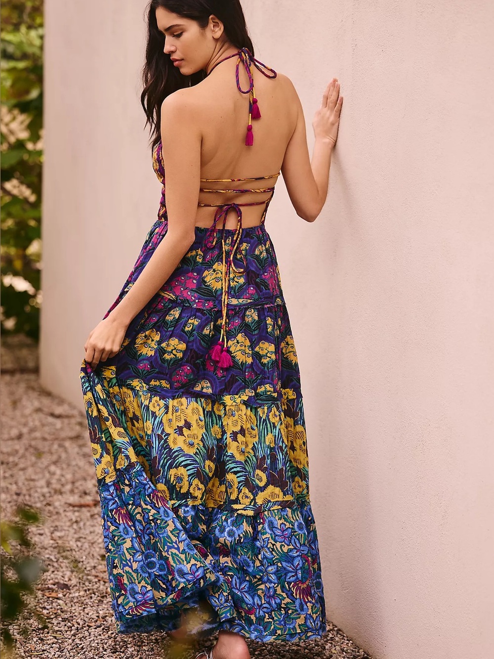 By Anthropologie Tiered Halter Cover-Up Maxi Dress Floral Open Back